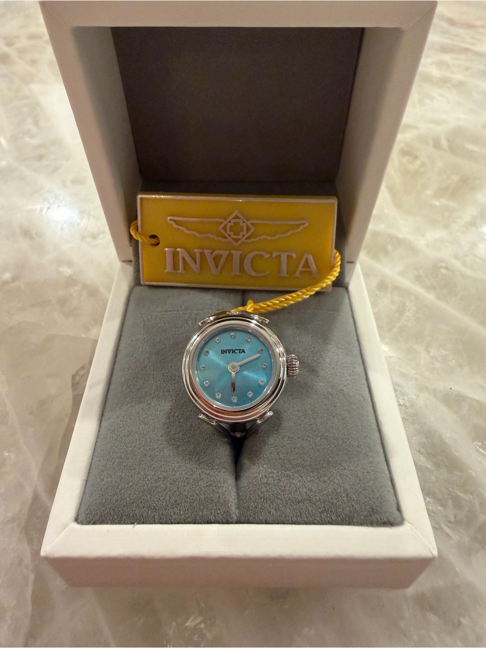 NIB Invicta Angel Mini Ring Watch - Light Blue Dial Crystal Steel (Model 49071)